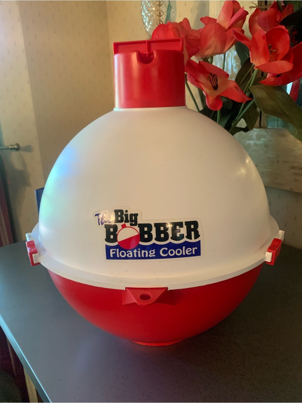 THE BIG BOBBER, floating cooler, sold at Cabelas and Bass pro, RED and WHITE.